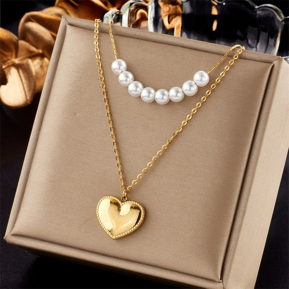Pearl Doublelayered Heartshaped Pendant Necklace Titanium Steel Electroplating For Women