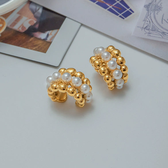 Pearl Ear Clip Stainless Steel Geometric Earrings Electroplated Light Luxury Style