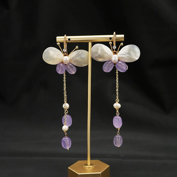 Pearl Earrings Geometric Fashion Electroplated Butterfly Ear Hooks Purple Tassel Women's
