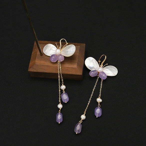 Pearl Earrings Geometric Fashion Electroplated Butterfly Ear Hooks Purple Tassel Women's