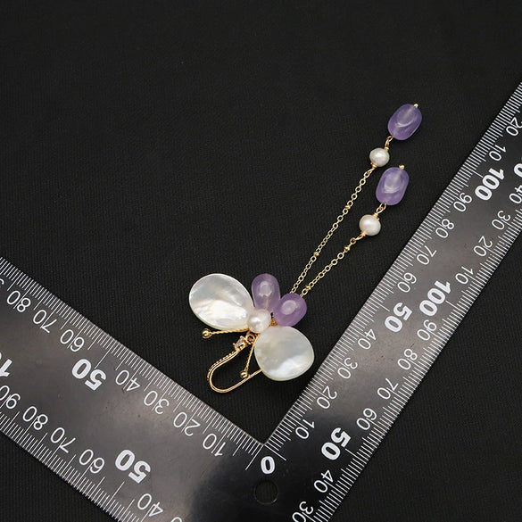 Pearl Earrings Geometric Fashion Electroplated Butterfly Ear Hooks Purple Tassel Women's