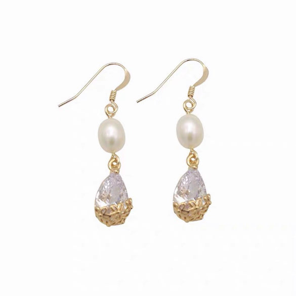Pearl Earrings Natural Freshwater Drop Shape Zircon Flower Wrapping 14K Gold Filled Exotic Style For Women