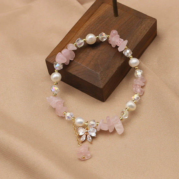 Pearl Elastic Bracelet Retro Geometric Style With Bow Zircon 18K Gold Plated