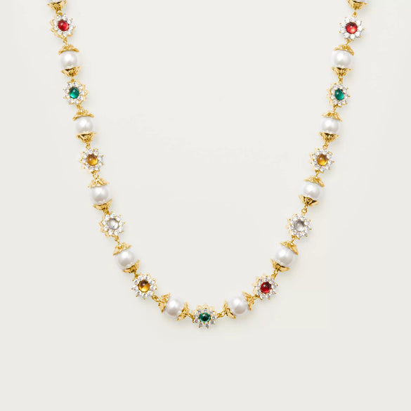 Pearl Flower Diamond Color Gem Electroplated Gold Necklace Imitation Pearls Geometric Style Women's