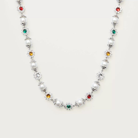 Pearl Flower Diamond Color Gem Electroplated Gold Necklace Imitation Pearls Geometric Style Women's