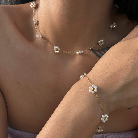Pearl Flower Necklace Waist Chain Anklet Set Titanium Steel Goldplated Stainless Steel Colorpreserving