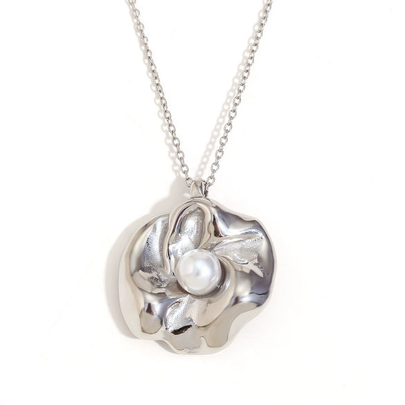 Pearl Flower Pendant Necklace Stainless Steel Plated 18K Gold Geometric Fashion Design