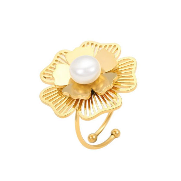 Pearl Flower Threedimensional Hollow Stainless Steel Ring Electroplated For Women Simple Style