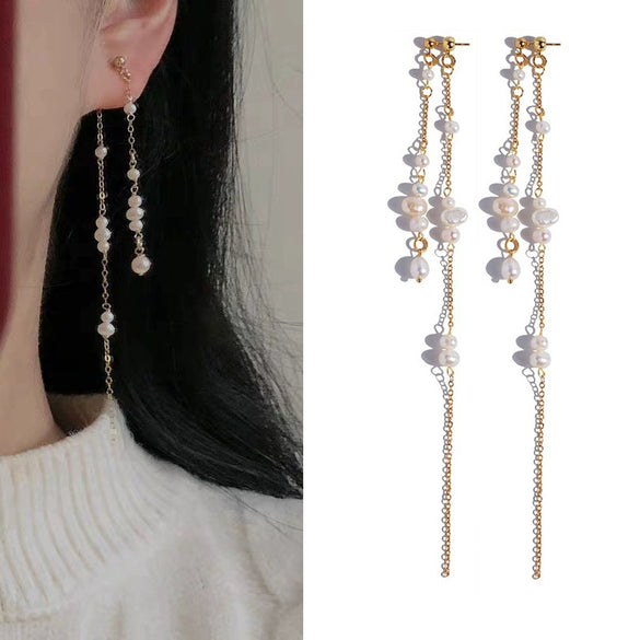 Pearl Geometric Minimalist Long Ear Line Layered Tassel Earrings For Women