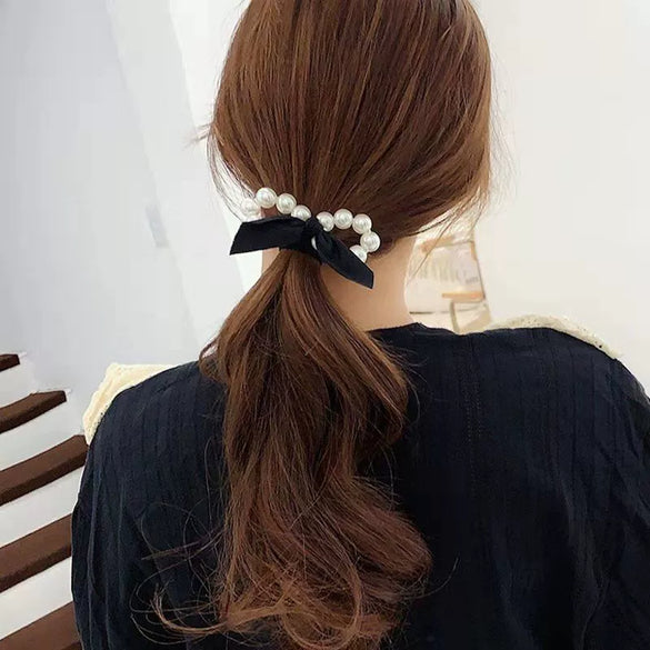 Pearl Hair Rope Rubber Band Bow Head Rope With Silver Set Headdress