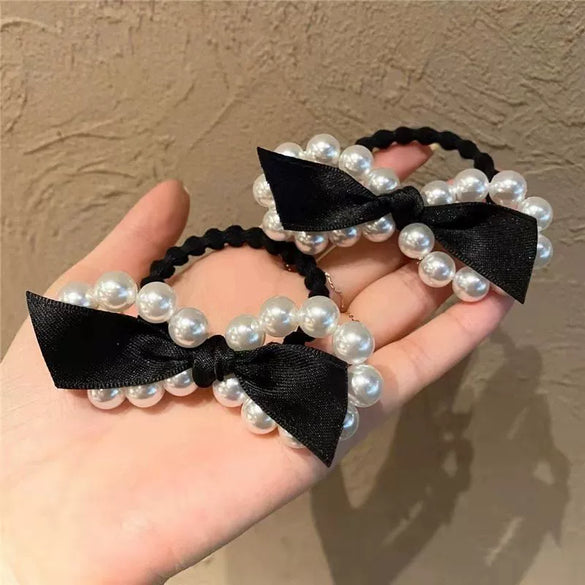 Pearl Hair Rope Rubber Band Bow Head Rope With Silver Set Headdress