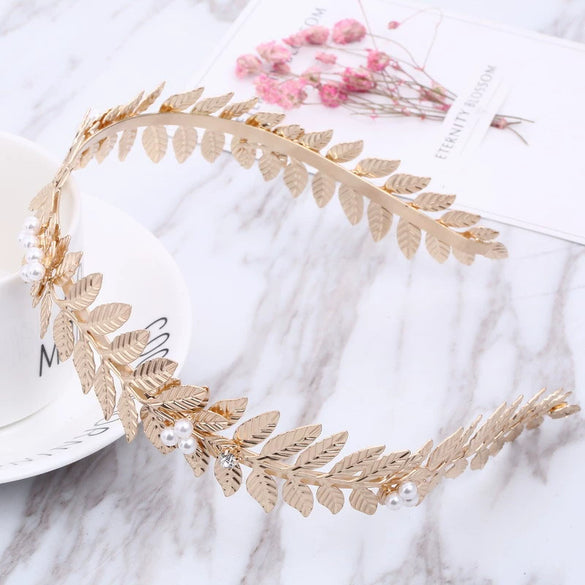 Pearl Hairband Baroque Style With Leaf For Unisex Electroplated Hair Accessories