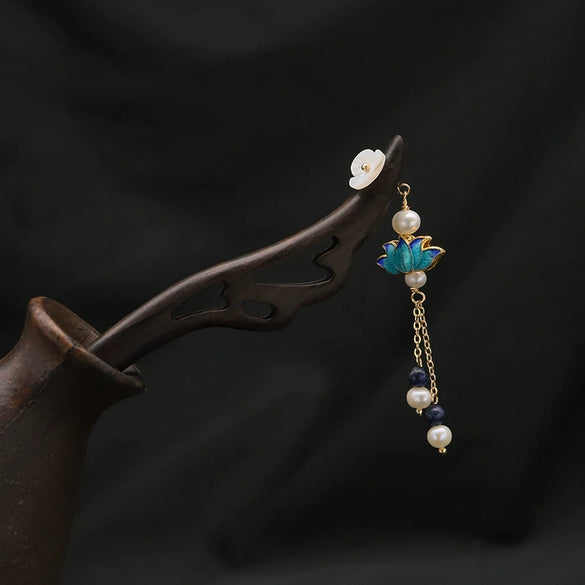 Pearl Hairpin Antique Style With Cloisonne Tassel And Flower Pattern Handmade Hair Accessories