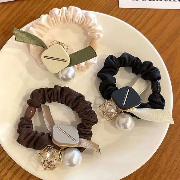 Pearl Handmade Large Intestine Hair Ring High Elastic Hair Accessories Bow Fabric Hair Rope