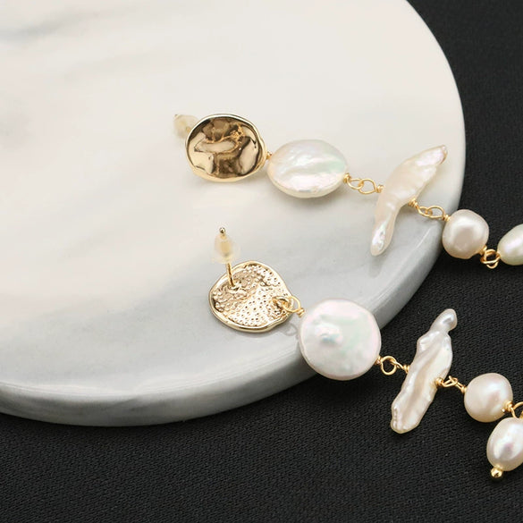 Pearl Handmade Retro Tassel Earrings Geometric Style Real Gold Plating
