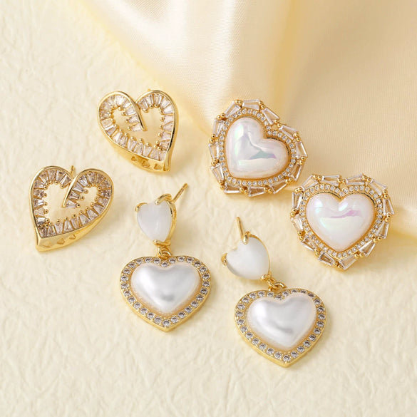 Pearl Heart Inlaid Zircon Goldplated Copper Earrings For Women Geometric Style Electroplated