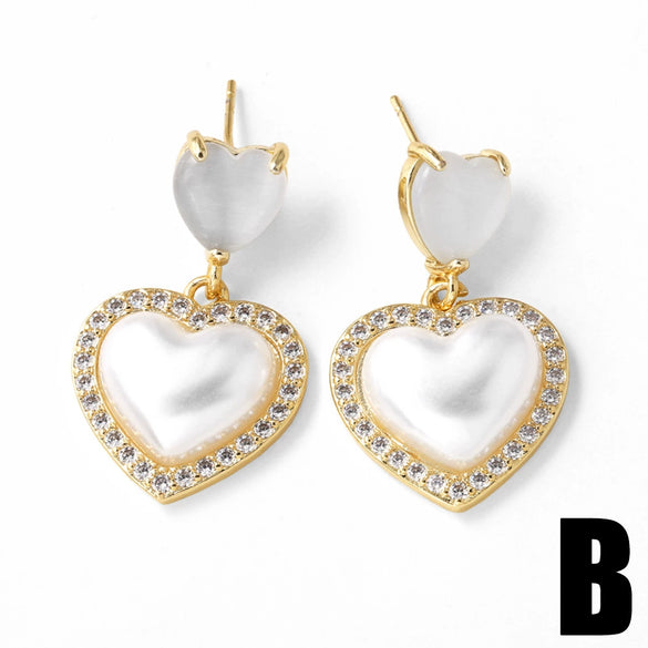 Pearl Heart Inlaid Zircon Goldplated Copper Earrings For Women Geometric Style Electroplated