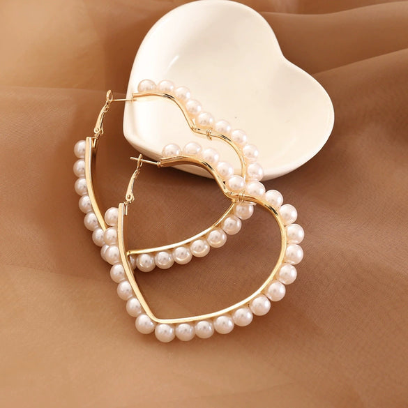 Pearl Heart Shaped Earrings Creative Exaggerated Design For Female