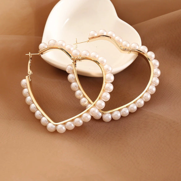 Pearl Heart Shaped Earrings Creative Exaggerated Design For Female