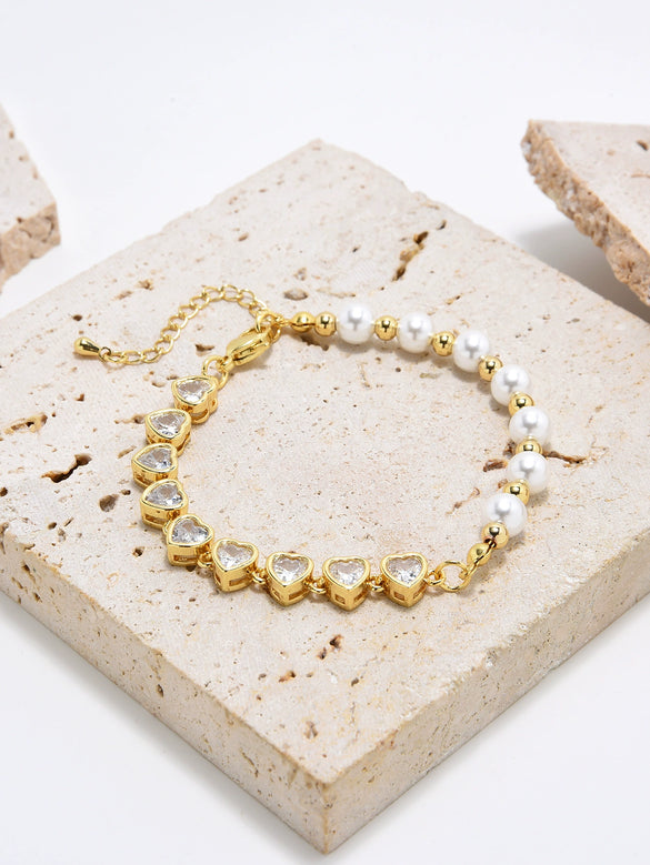 Pearl Heartshaped Microinlaid Color Zirconium Beading Bracelet With Electroplating Treatment Light Luxury And Geometric Style For Women