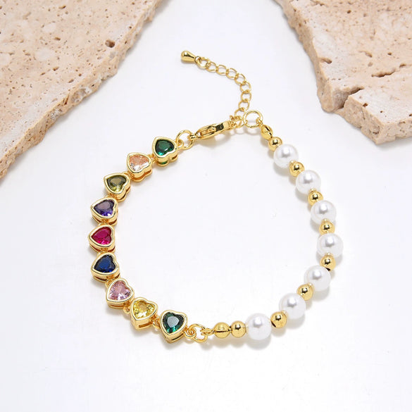 Pearl Heartshaped Microinlaid Color Zirconium Beading Bracelet With Electroplating Treatment Light Luxury And Geometric Style For Women