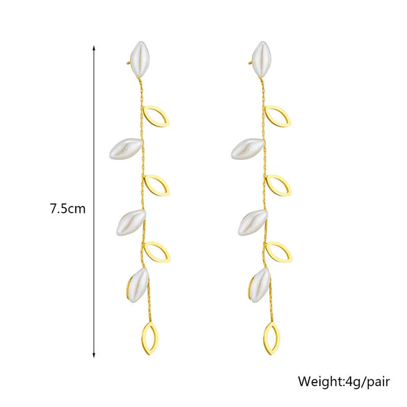 Pearl Hollow Willow Leaf Long Hanging Earrings Titanium Steel Electroplating Women's Plant Flowers Style