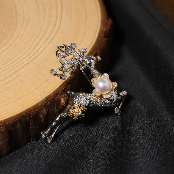 Pearl Inlaid Fawn Brooch Freshwater Pearls And Zircon Unisex Fashion Accessories