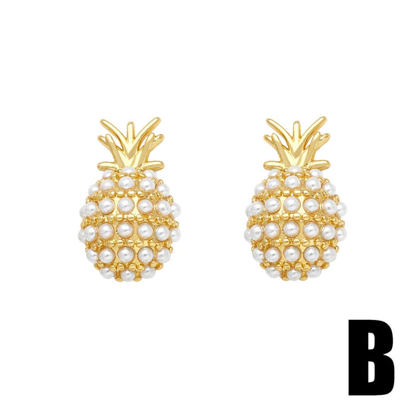 Pearl Inlaid Zircon Fruit Pineapple Earrings Copper Material Simple Style Electroplated For Women
