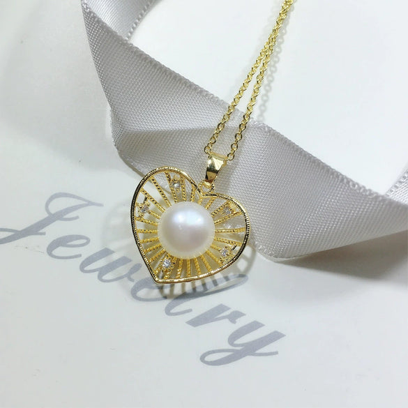 Pearl Jewelry Copper Freshwater Pearl Cut Out Heart Pendant Necklace