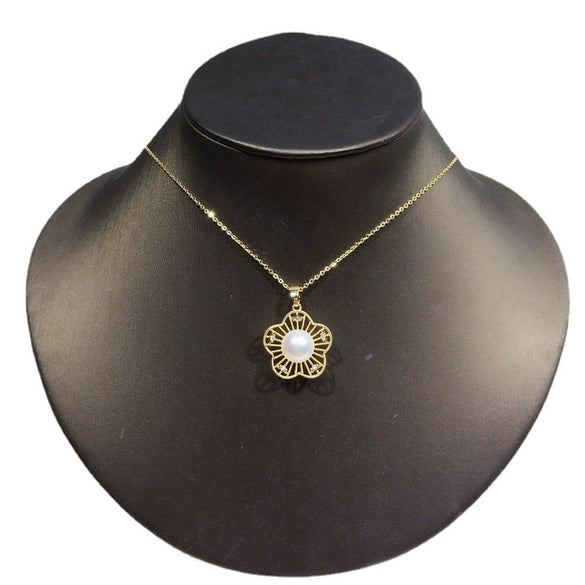 Pearl Jewelry Hollow Flower Freshwater Pearl Pendant Necklace Copper Real Gold Colorpreserving