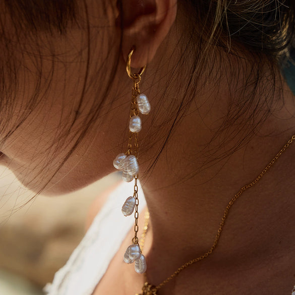 Pearl Long Tassel Titanium Steel Geometric Earrings With Electroplating Design For Women