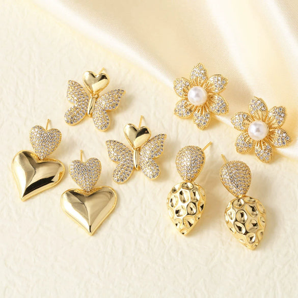 Pearl Love Butterfly Flower Pendant Earrings Copper Electroplated Heart Shape