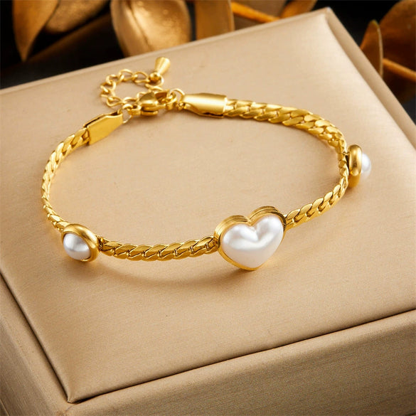 Pearl Love Flower Woven Twist Chain Stainless Steel Gold Plated Women's Bracelet