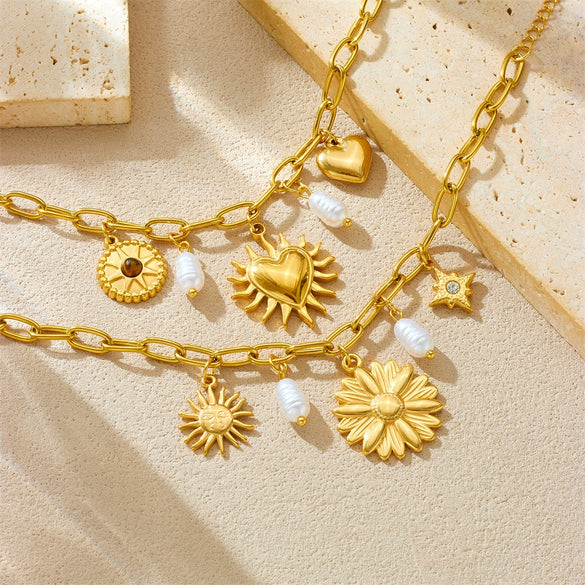 Pearl Love Sunflower Pendant Stainless Steel Bracelet Gold Plated Heart Shape Flower Design For Women
