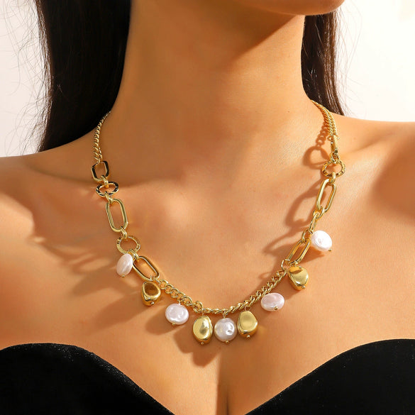Pearl Metallic Geometric Baroque Style Electroplated Ochain Necklace For Women