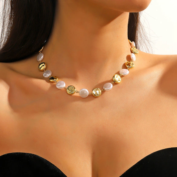Pearl Metallic Geometric Baroque Style Electroplated Ochain Necklace For Women