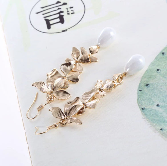 Pearl Minimalist Sweet Flower Long Tassel Golden Orchid Matte Hook Earrings Electroplated