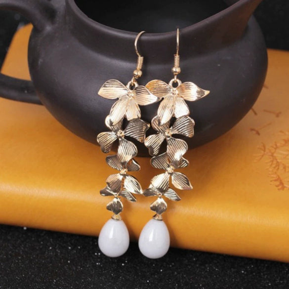 Pearl Minimalist Sweet Flower Long Tassel Golden Orchid Matte Hook Earrings Electroplated