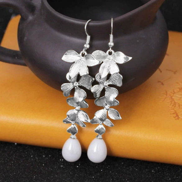 Pearl Minimalist Sweet Flower Long Tassel Golden Orchid Matte Hook Earrings Electroplated