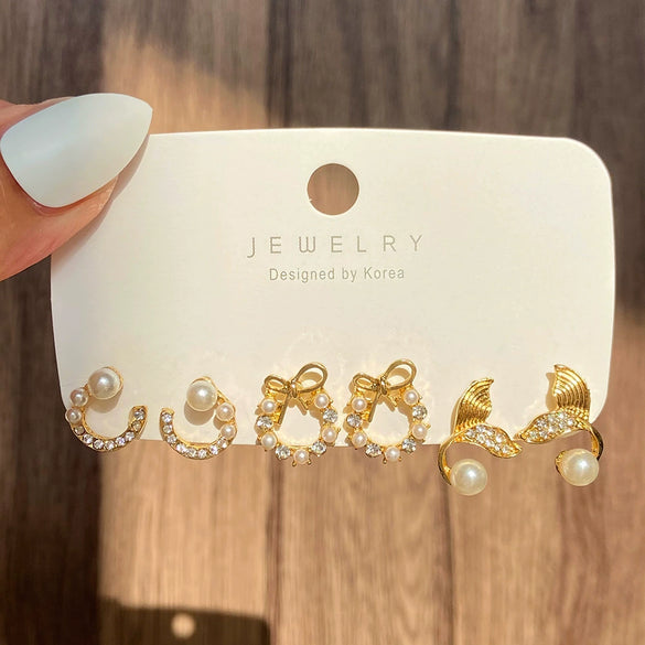 Pearl Moon Fishtail Bowknot Earrings Set Zinc Alloy Geometric Animal Zodiac Pattern Electroplated Women's