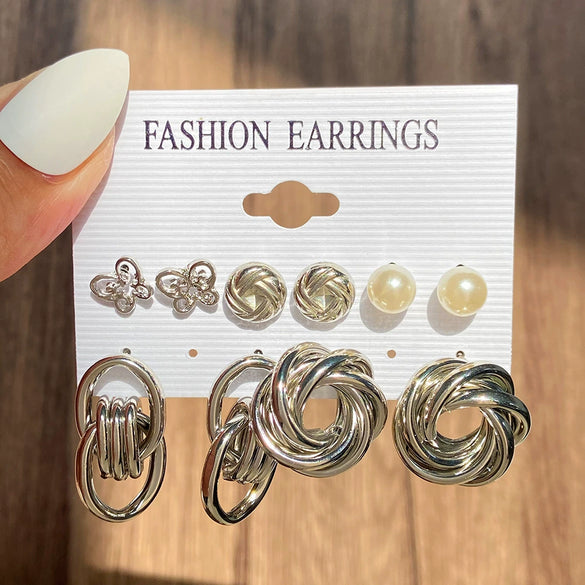 Pearl Moon Fishtail Bowknot Earrings Set Zinc Alloy Geometric Animal Zodiac Pattern Electroplated Women's
