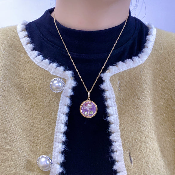 Pearl Necklace Freshwater Pearl Copper Pendant Flat Round Rose Buns Round Natural Middle Ancient Oil Painting Wind Purple Painted