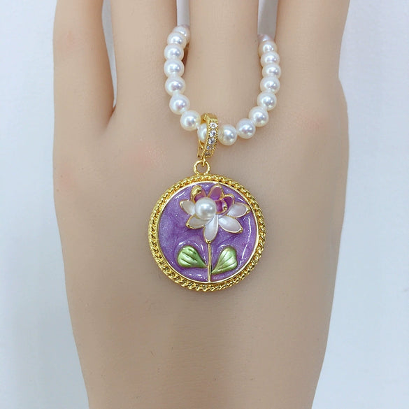 Pearl Necklace Freshwater Pearl Copper Pendant Flat Round Rose Buns Round Natural Middle Ancient Oil Painting Wind Purple Painted