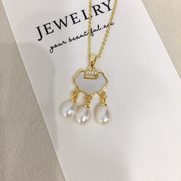 Pearl Necklace Freshwater Pearl Longevity Lock Pendant Natural Sea Style Rice Type And Water Drop Shape Copper Accessories
