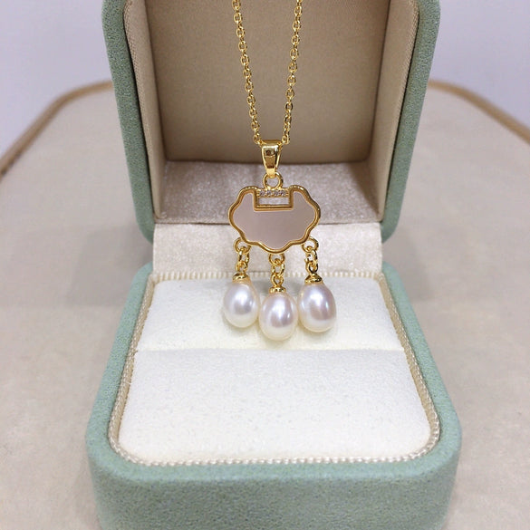 Pearl Necklace Freshwater Pearl Longevity Lock Pendant Natural Sea Style Rice Type And Water Drop Shape Copper Accessories