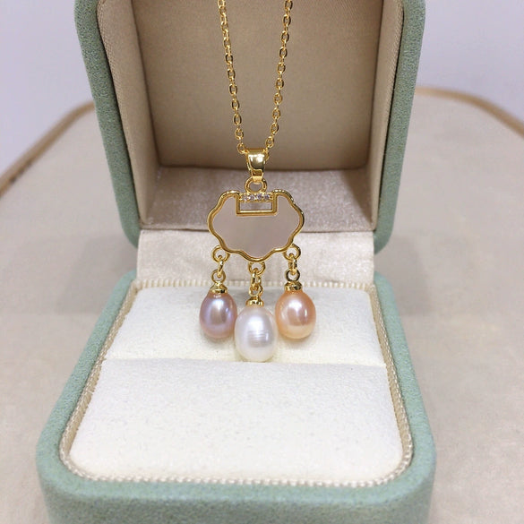 Pearl Necklace Freshwater Pearl Longevity Lock Pendant Natural Sea Style Rice Type And Water Drop Shape Copper Accessories