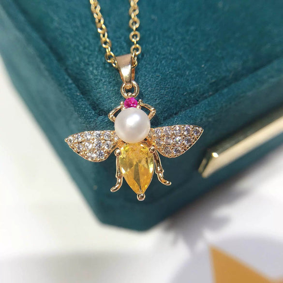 Pearl Necklace Freshwater Pearl Pendant Bee Inlay Copper With Chain Accessories