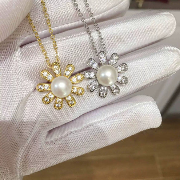 Pearl Necklace Freshwater Pearl Pendant Microinlaid Zircon Copper Accessories Flat Round Steamed Bread Round Shape