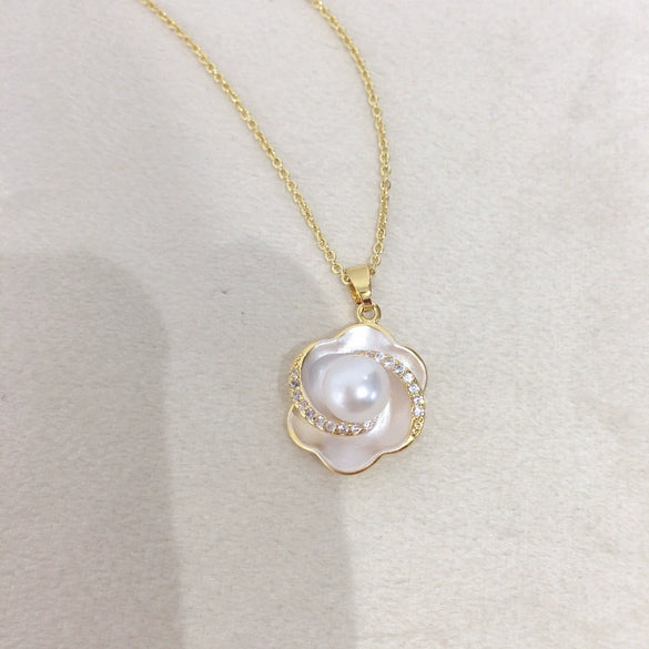 Pearl Necklace Freshwater Pearl Pendant Microinlaid Zircon Curly Flower Copper Minimalist Style