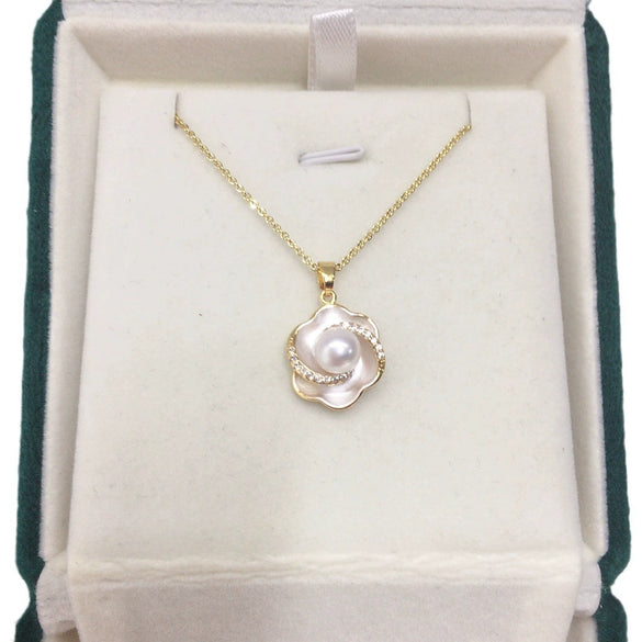 Pearl Necklace Freshwater Pearl Pendant Microinlaid Zircon Curly Flower Copper Minimalist Style